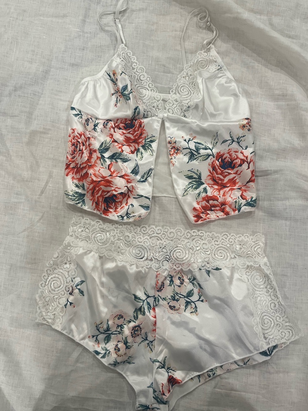 White Floral Satin Lace Cami and Short Set